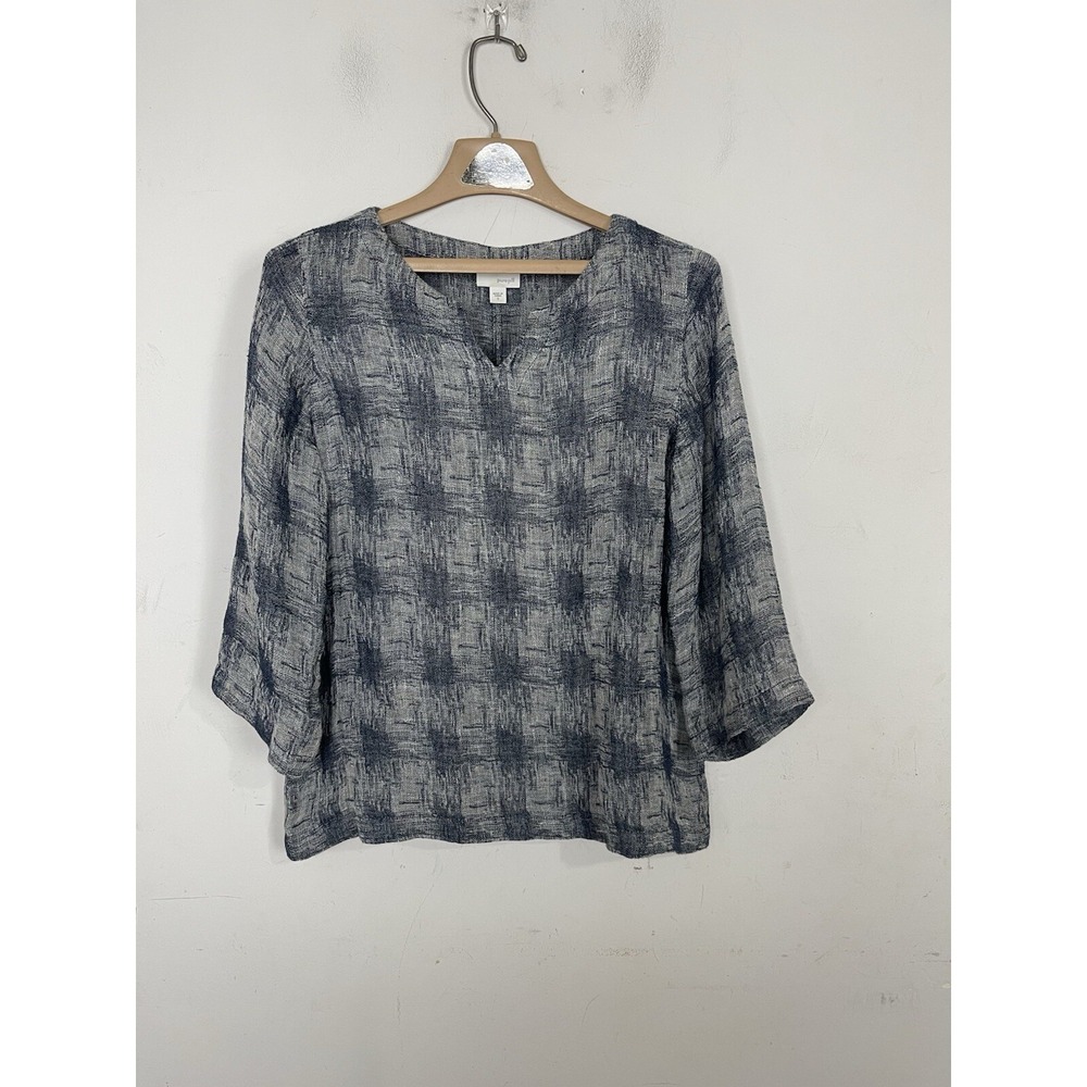 Pure Jill J. Jill Linen Blend Blue Grey Abstract Print Split Neck Top Small
